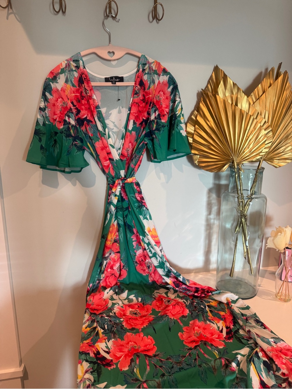 Lulu's Emerald Green Floral Wrap Maxi Dress with Coral Blooms
